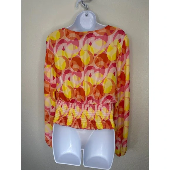 NY&C Tie Front Blouse Top Large Pink Yellow Orange Geometric Print Long Sleeve - Picture 2 of 6